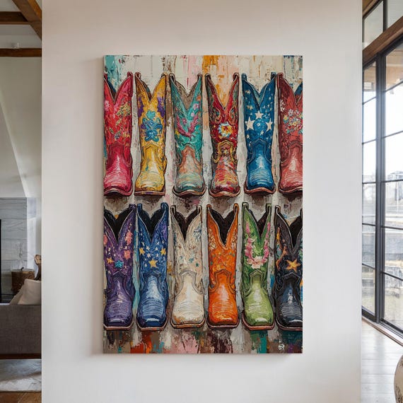 Colorful Cowboy Boots Art Western Wall Decor Vintage Rustic Country Style Print Boho Farmhouse Accent