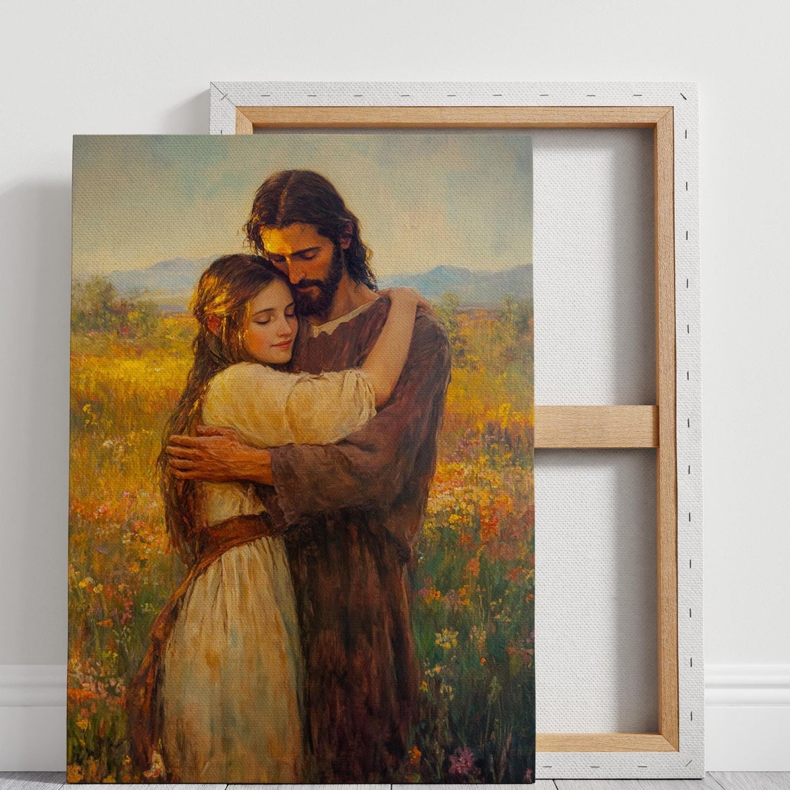 Jesus Embracing A Woman In A Field Of Flowers Heartfelt Christian Art Spiritual Wall Decor For Faithful Inspiration