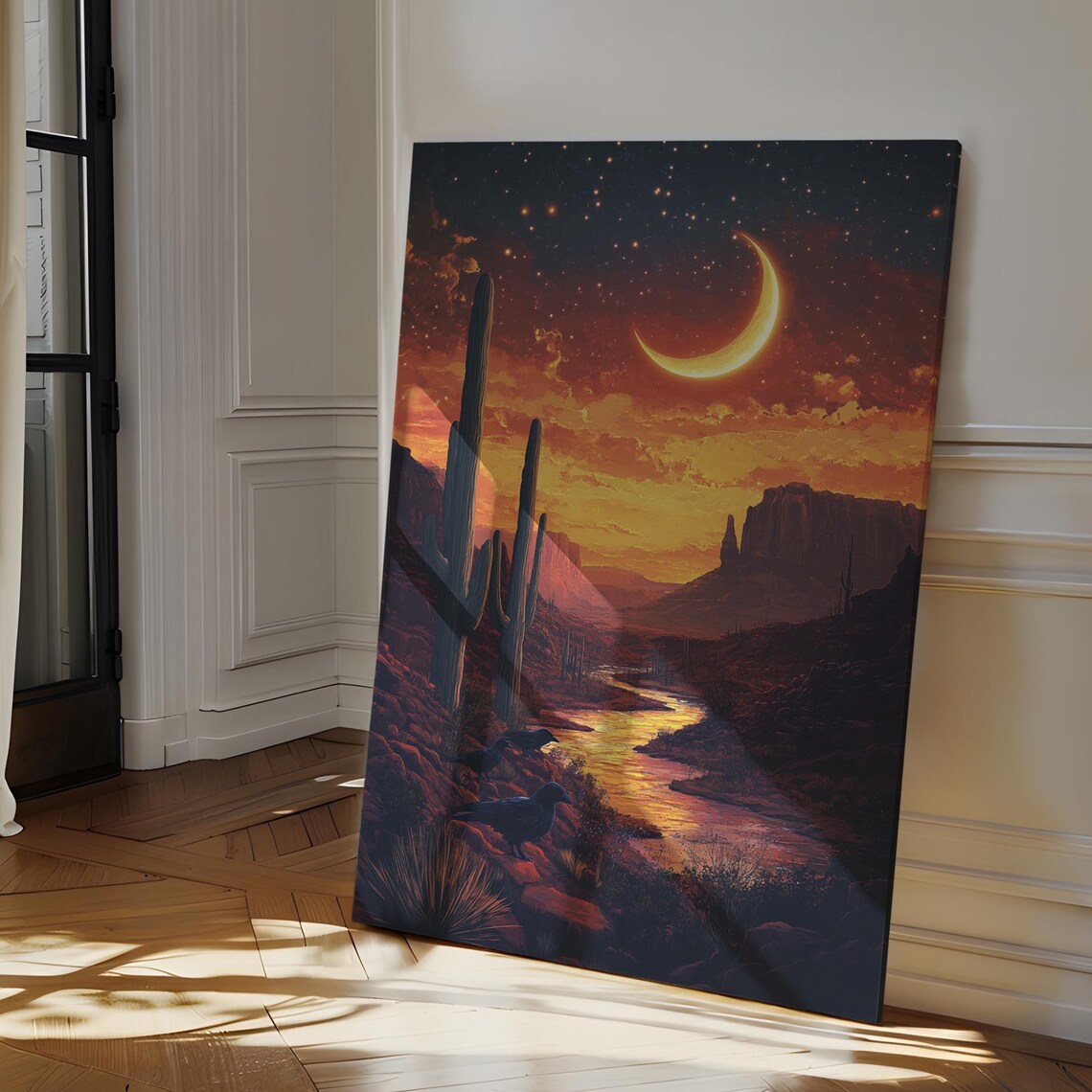 Starry Desert Canyon Night With Crescent Moon And Ravens Poster