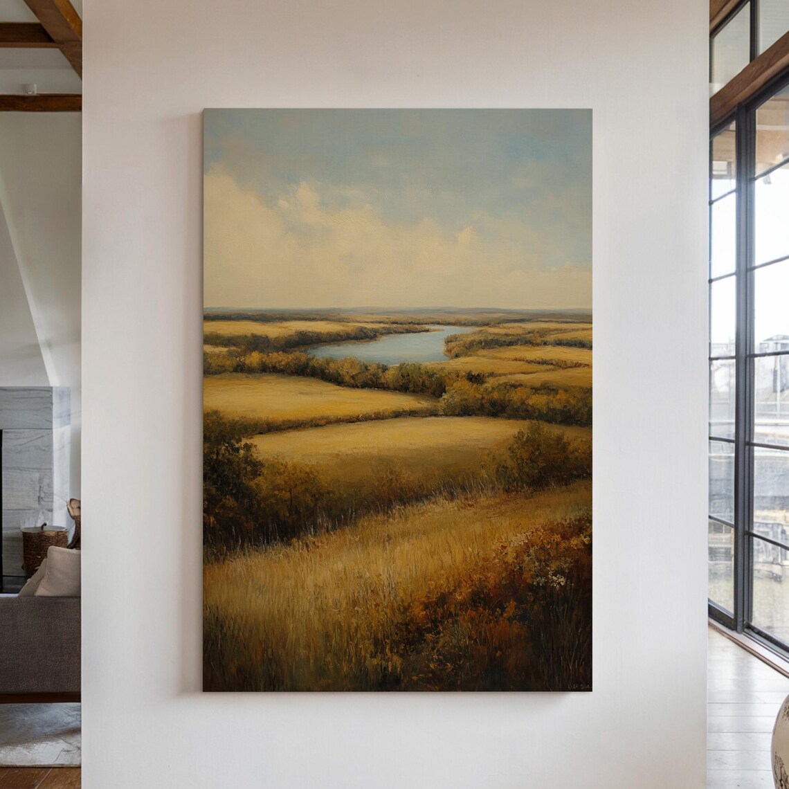 Golden Prairie River Landscape, Vintage Oil Painting