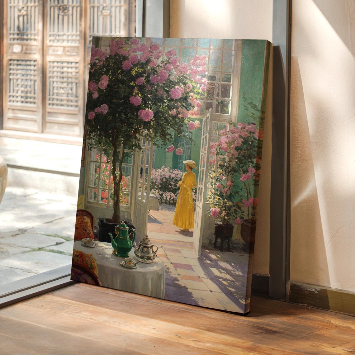 Woman in Yellow Dress Among Roses Sunlit Garden Tea Scene Poster