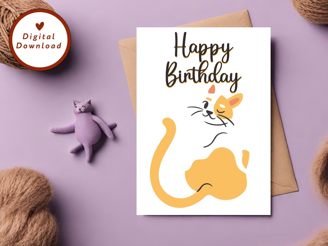 Happy Birthday Cat Card Orange Kitty DIY Homemade Art Poster - Image 2