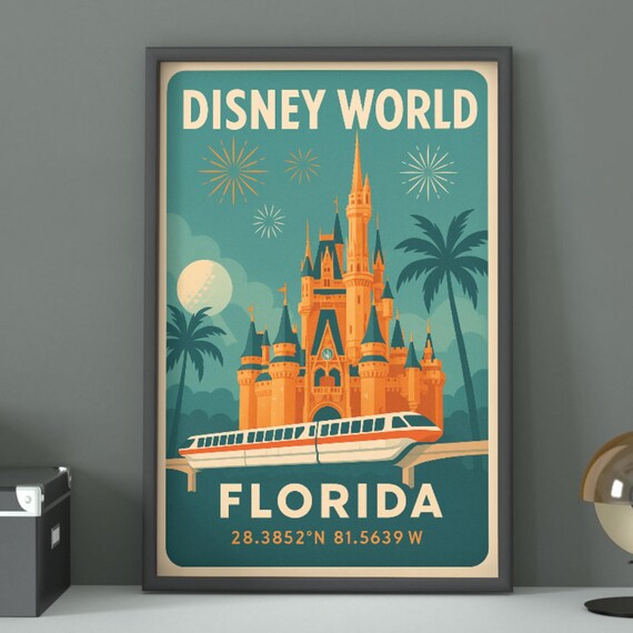Disney World Florida Castle Monorail Fireworks Retro Travel Poster