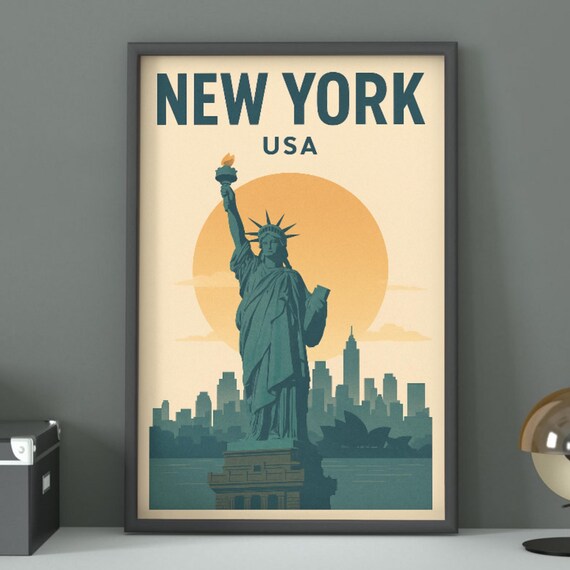 New York Statue Of Liberty Skyline Vintage USA Retro Travel Poster