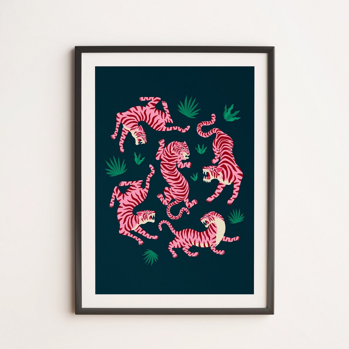 Pink Tiger Pack Night Race Jungle Scene Mid Century Art Poster - Image 3