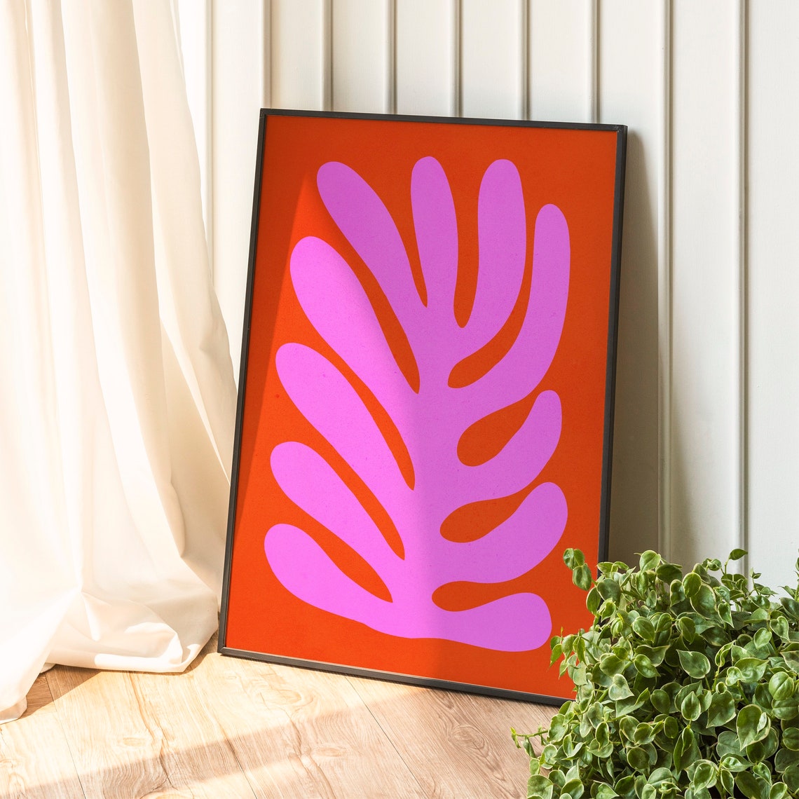 Pink Leaf Abstract Paper Cutout on Burnt Orange Modern Art Print - Image 2