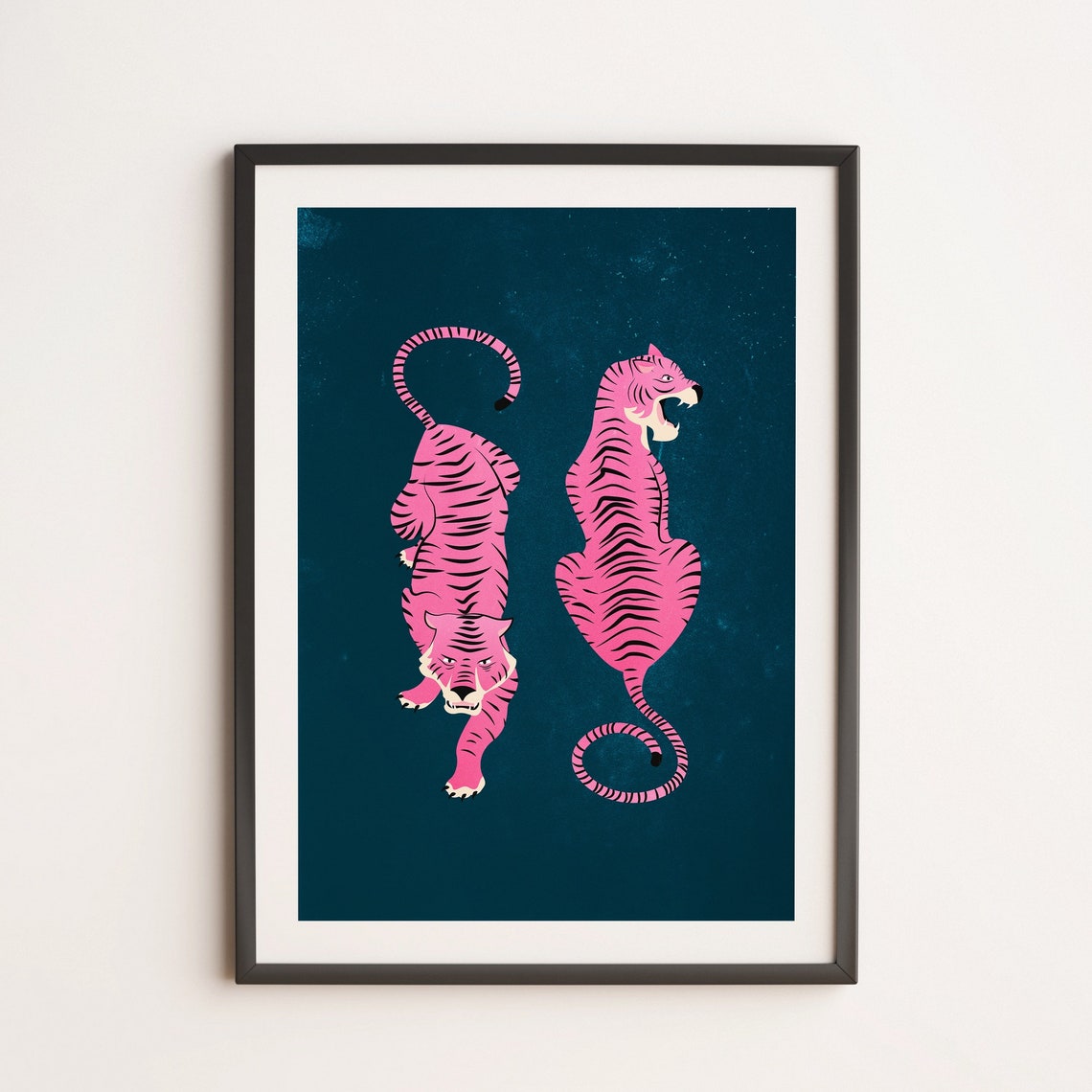 Pink Tiger Duo on Teal Background Mid Century Animal Art Poster - Image 3