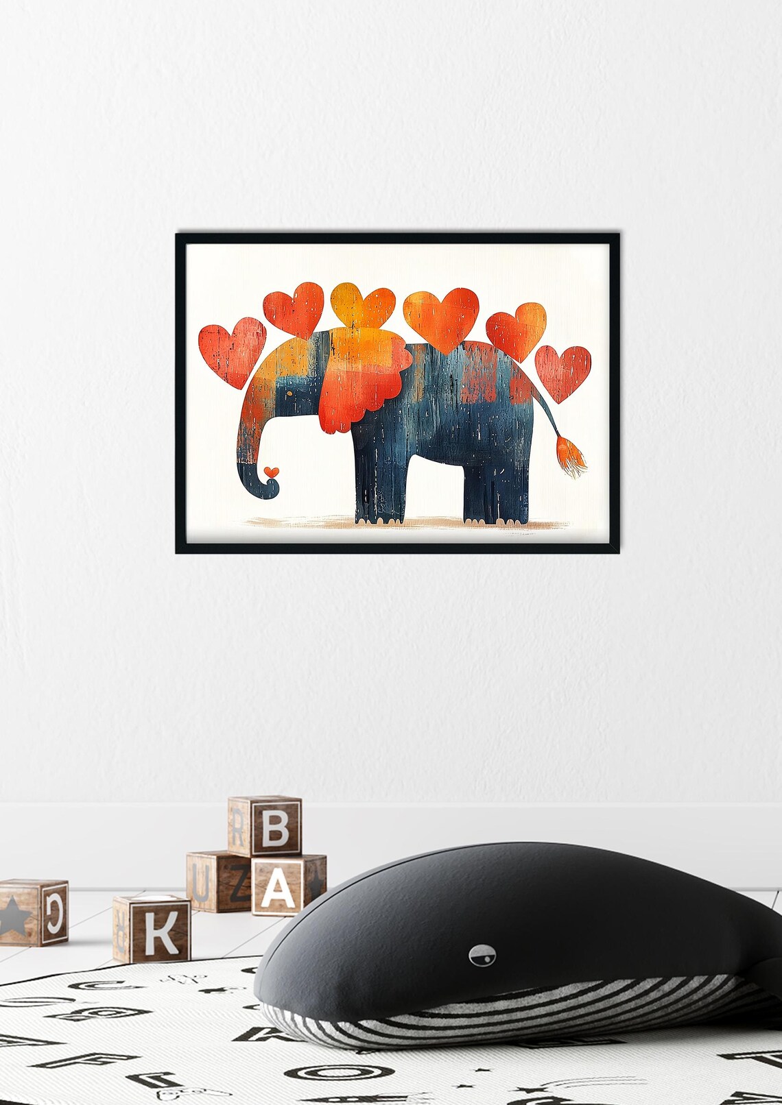 Whimsical Colorful Elephant With Red Hearts Nursery Kids Room Wall Art - Image 2