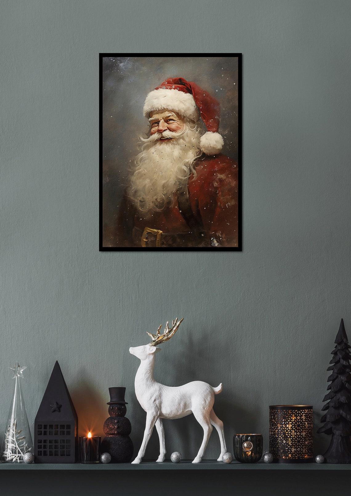 Vintage Santa Claus Smiling Portrait Red Hat Snowy Oil Painting Poster - Image 2
