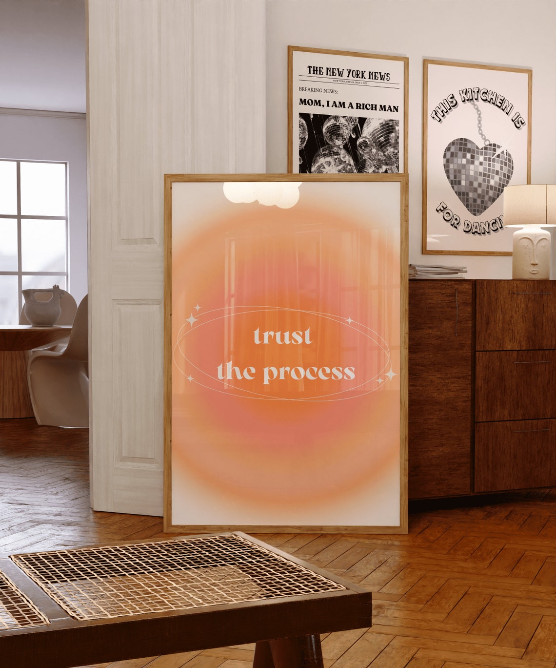 Pink Grainy Gradient Affirmation Poster Trust The Process Retro Aura Poster Spiritual Wall Art Pink Aura Print