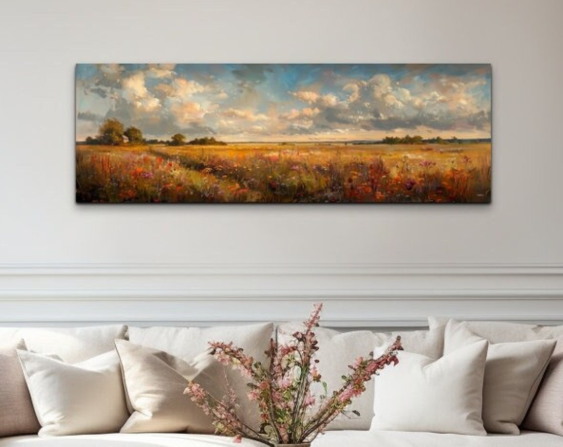 Golden Autumn Wildflower Meadow Under Blue Sky Vintage Art Poster