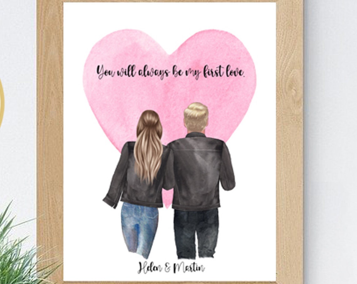 Personalized Couple Portrait Before Pink Heart Keepsake Poster