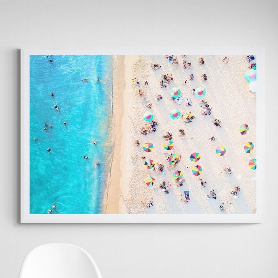 Aerial Beach Photography Poster With Colorful Umbrellas on White Sand