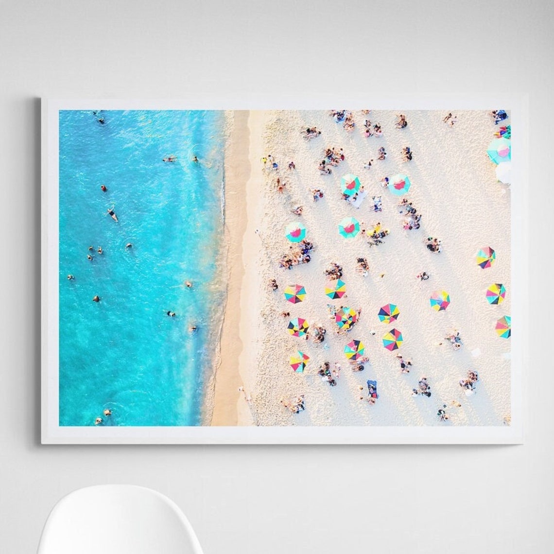 Aerial Beach Photography Poster With Colorful Umbrellas on White Sand