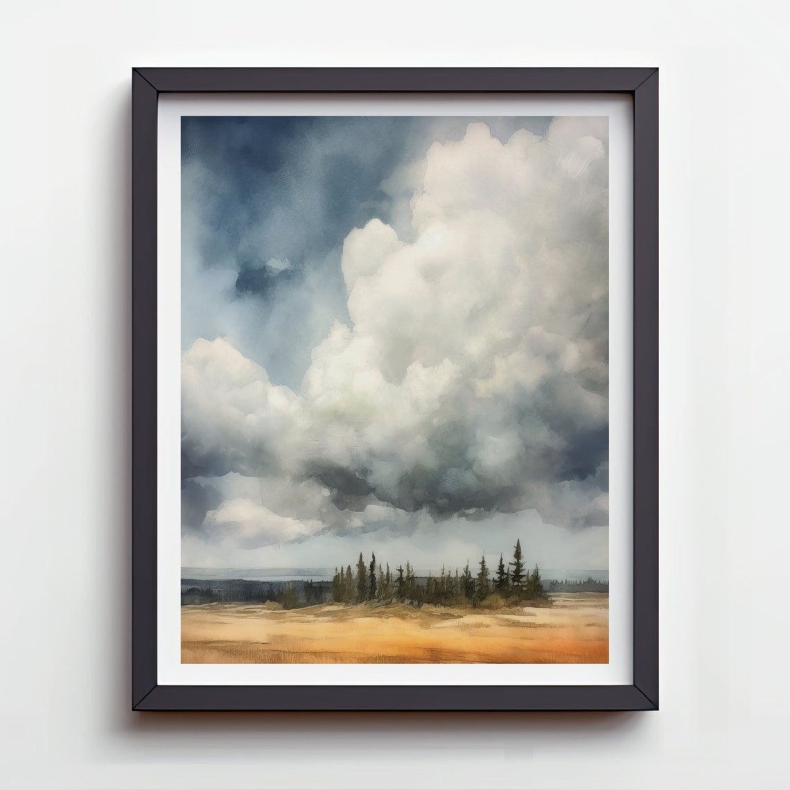Towering Storm Clouds Golden Field Watercolor Landscape Poster