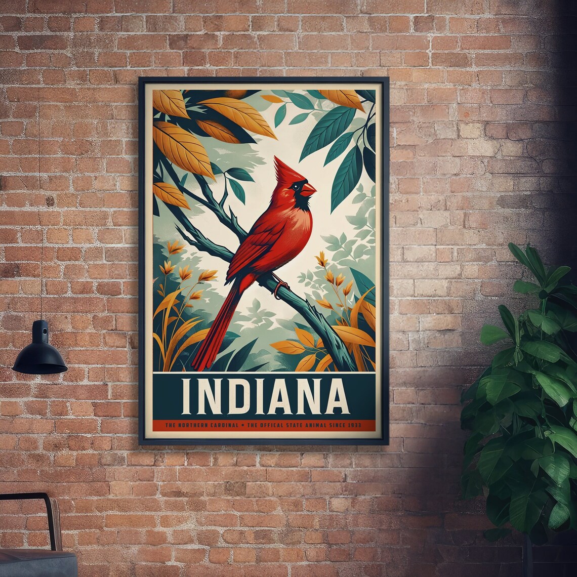 Indiana Northern Cardinal Vintage Style Bird Art Wall Poster