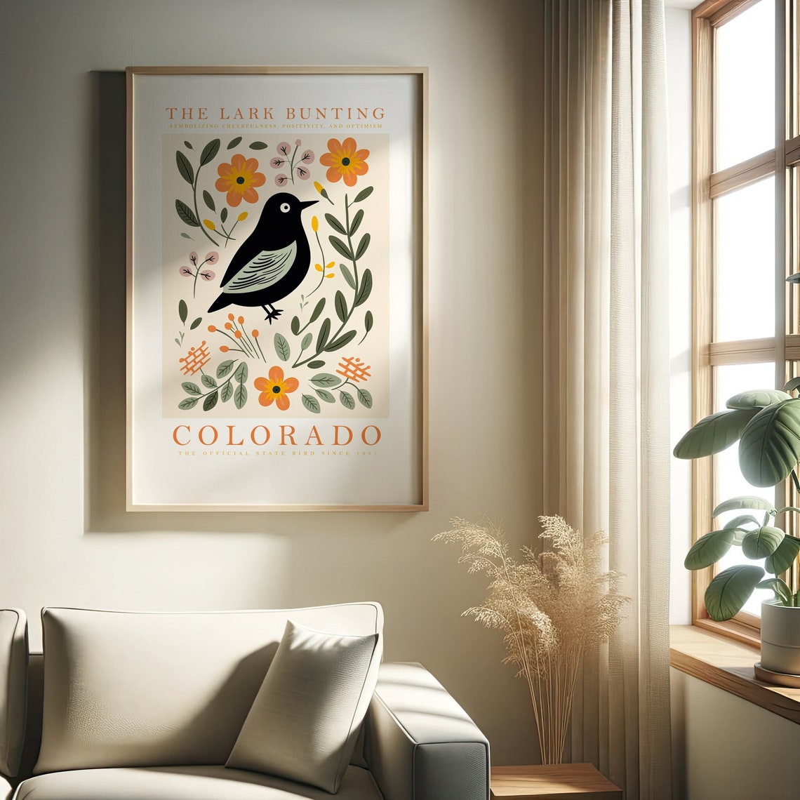 Colorado Lark Bunting Orange Blossom Folk Bird State Art Poster