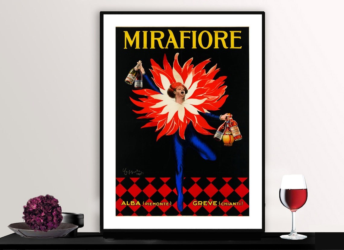 Mirafiore Alba Piemonte Flower Ruff Jester Bottles Vintage Poster