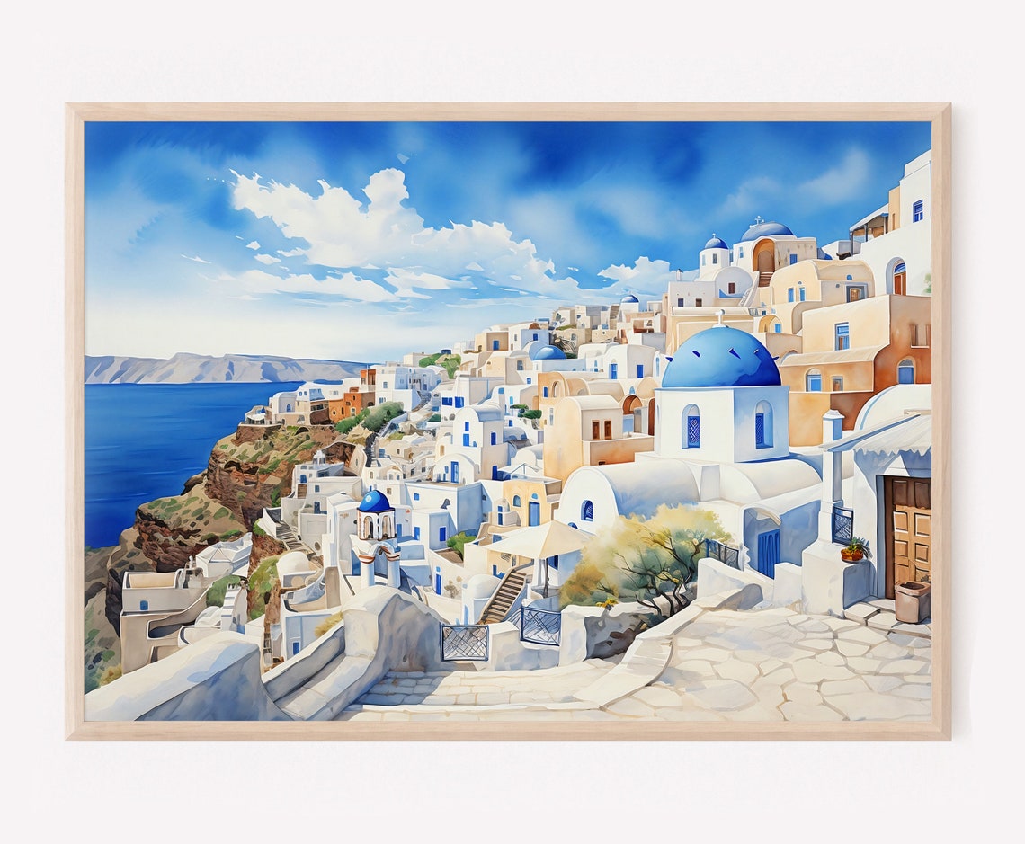 Santorini Greece Blue Domes White Village Caldera Watercolor Poster