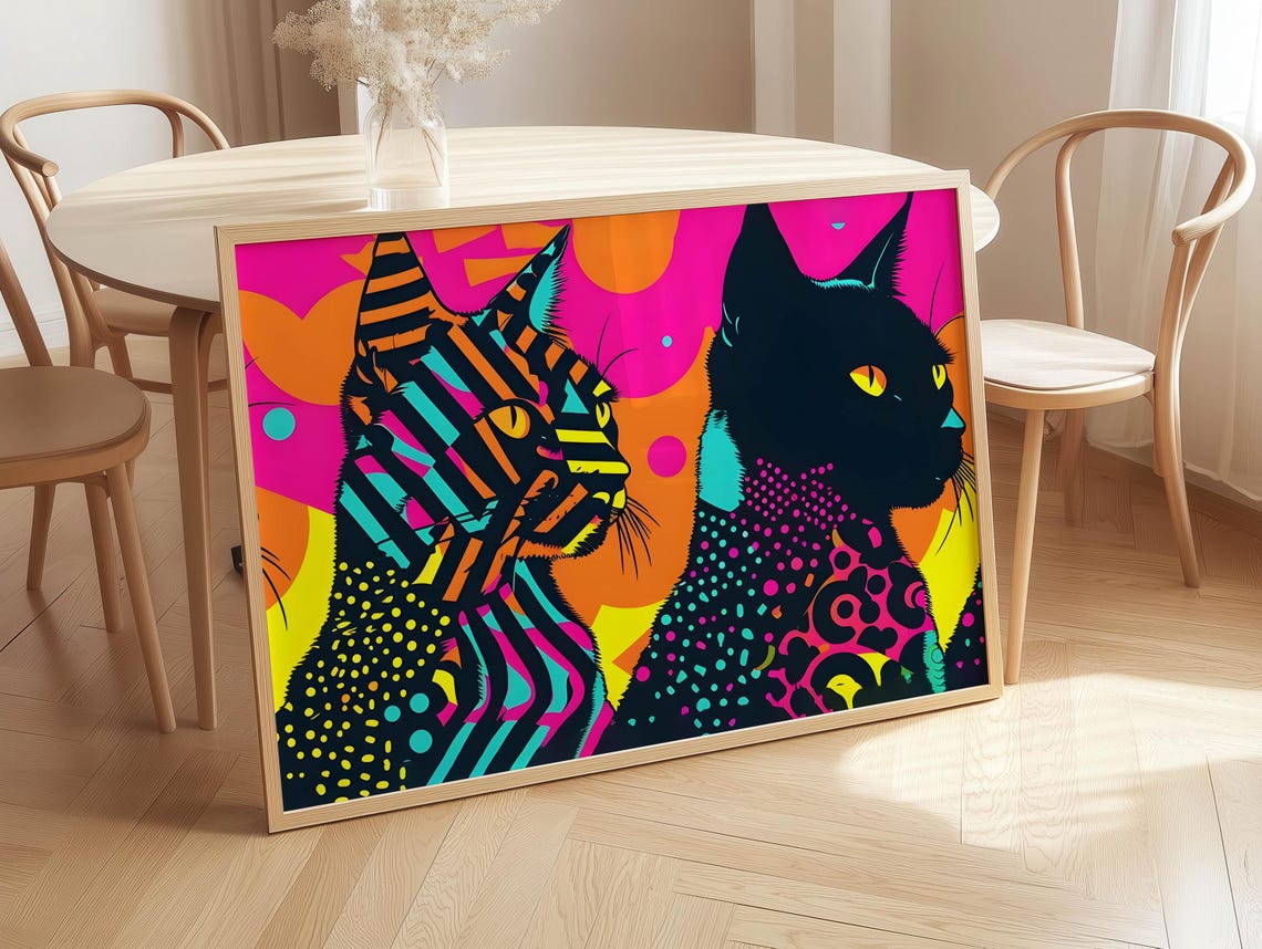 Cat Wall Art Poster Black Print Cute Animal Illustration Decor Home