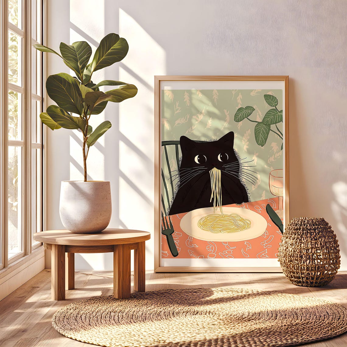 Cat Wall Art Poster Black Print Cute Animal Illustration Home Decor