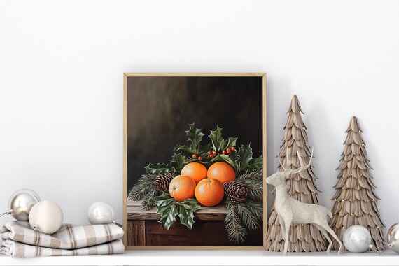 Holiday Citrus Still Life Oranges Holly Pinecones Christmas Wall Print
