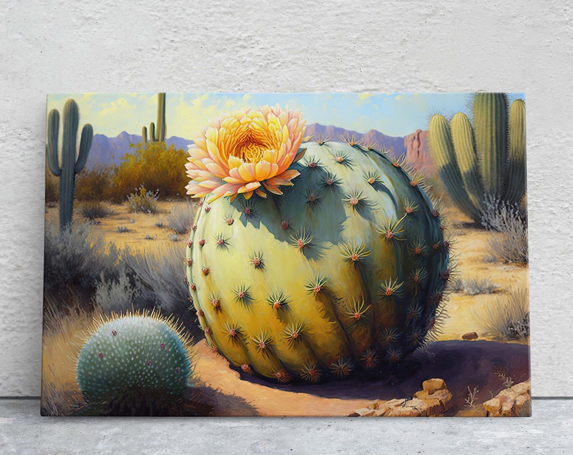 Blooming Barrel Cactus Desert Landscape Saguaro Southwest Art Poster