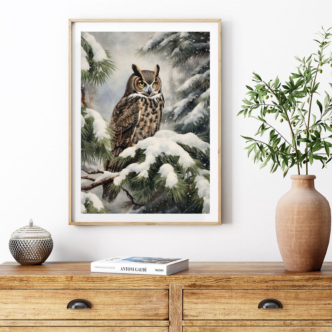 Great Horned Owl Snowy Pine Forest Winter Wildlife Art Print - Image 7