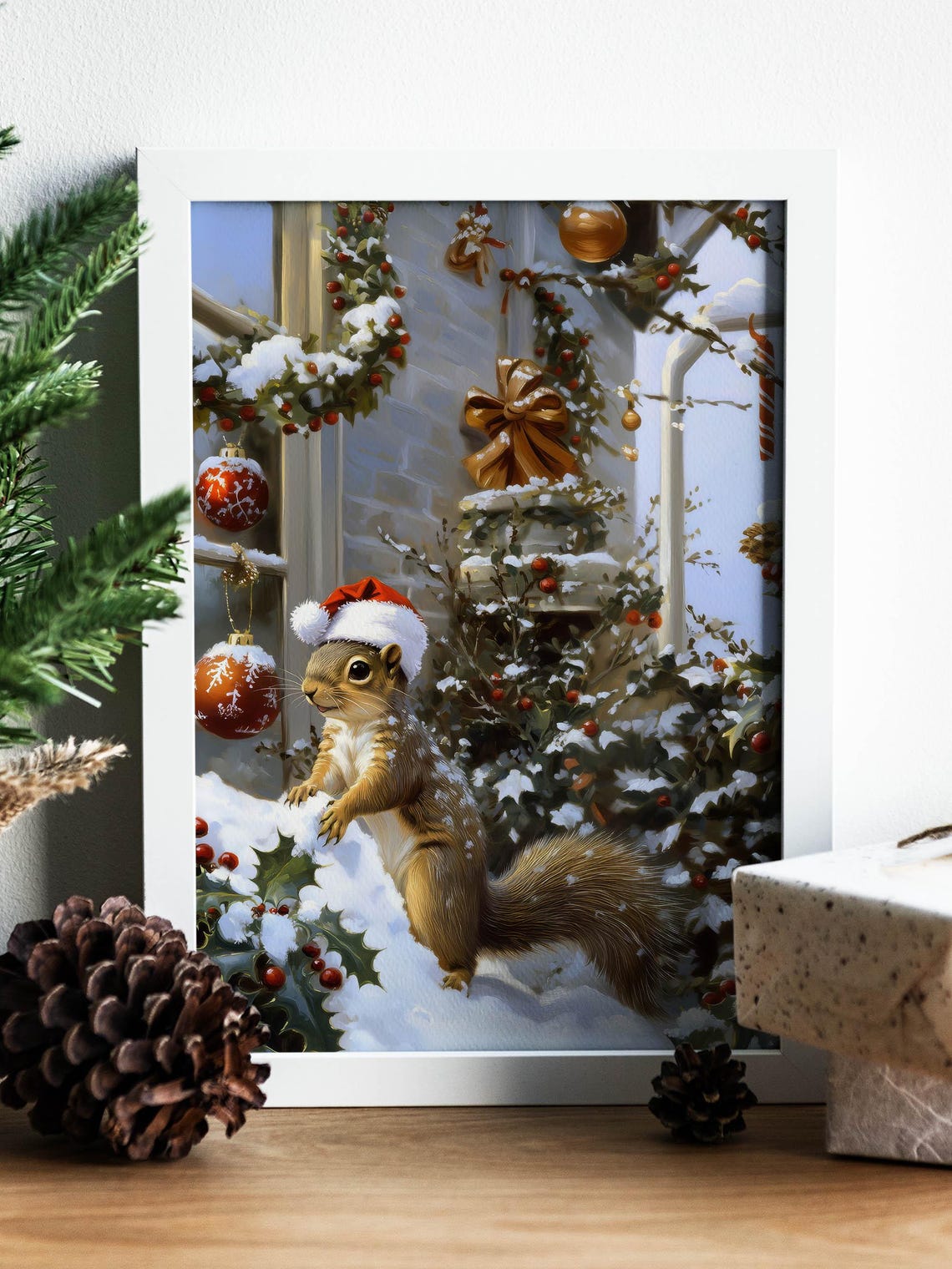 Squirrel Wearing Santa Hat Snowy Christmas Ornaments Vintage Poster - Image 8