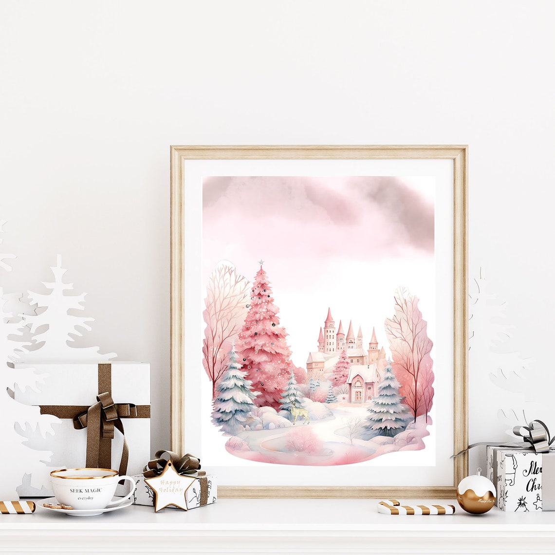 Pink Christmas Winter Wonderland Castle Pink Tree Watercolor Poster - Image 6