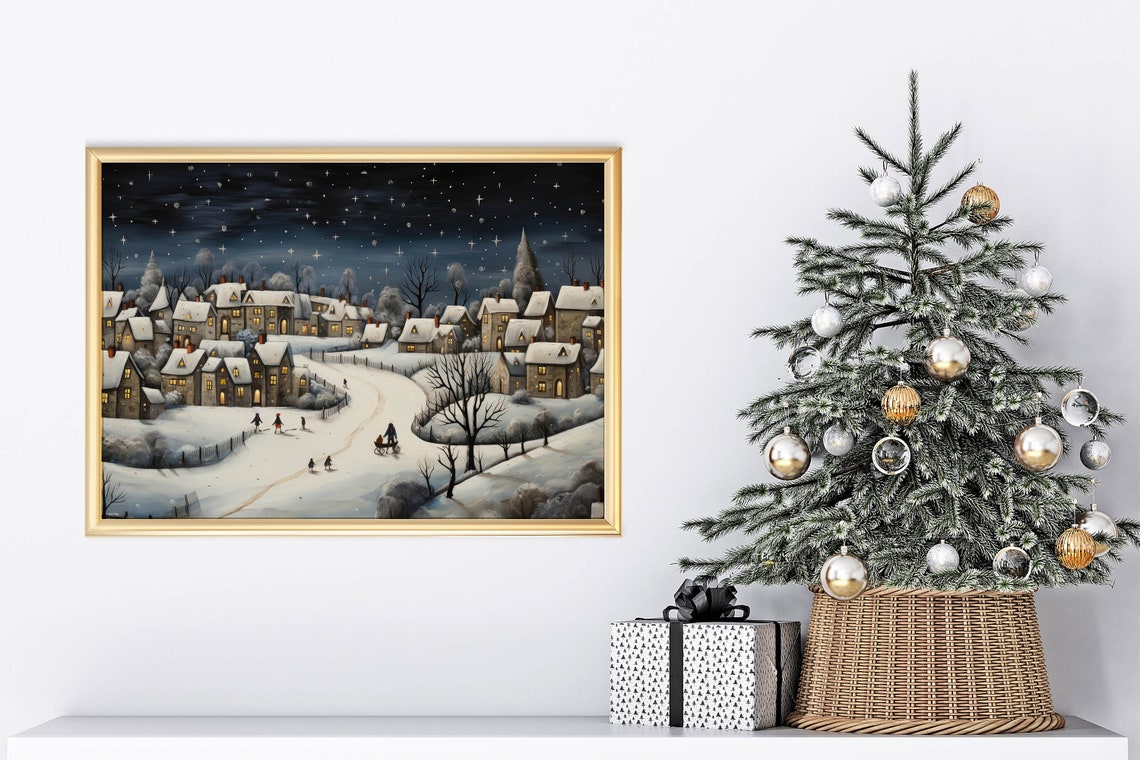 Vintage Christmas Village Wall Art Vintage Christmas Winter Night Wall Art Antique Style Christmas Decor Xmas Town Painting Xmasv1 - Image 6