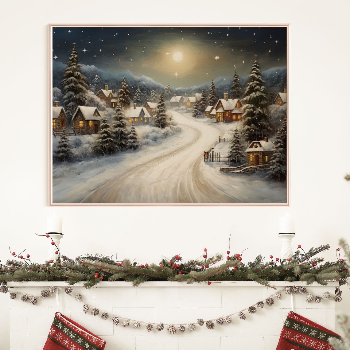 Snowy Mountain Village Moonlit Night Winter Landscape Poster - Image 8