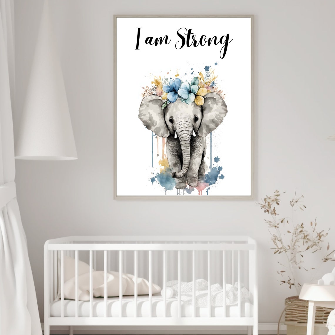 I Am Strong Elephant Flower Crown Nursery Watercolor Art Print - Image 7