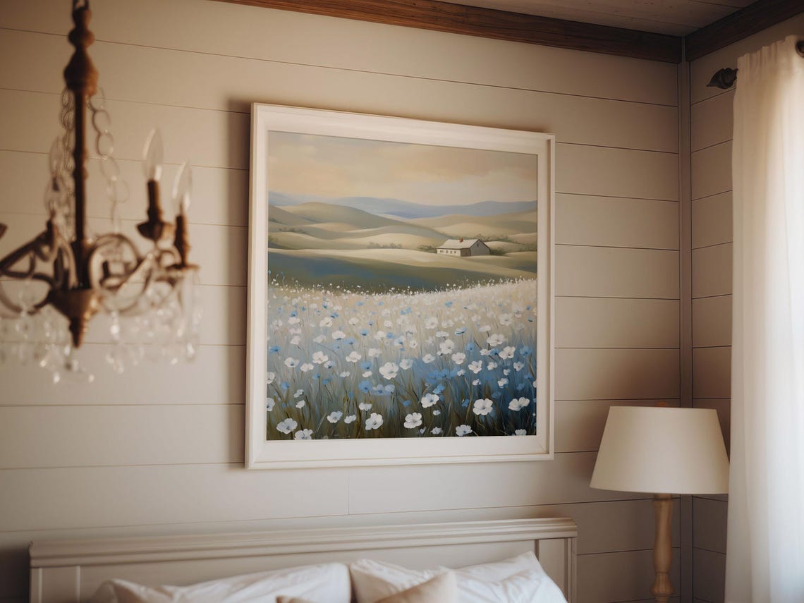 White Blue Wildflower Field Farmhouse Afternoon Light Art Print - Image 4