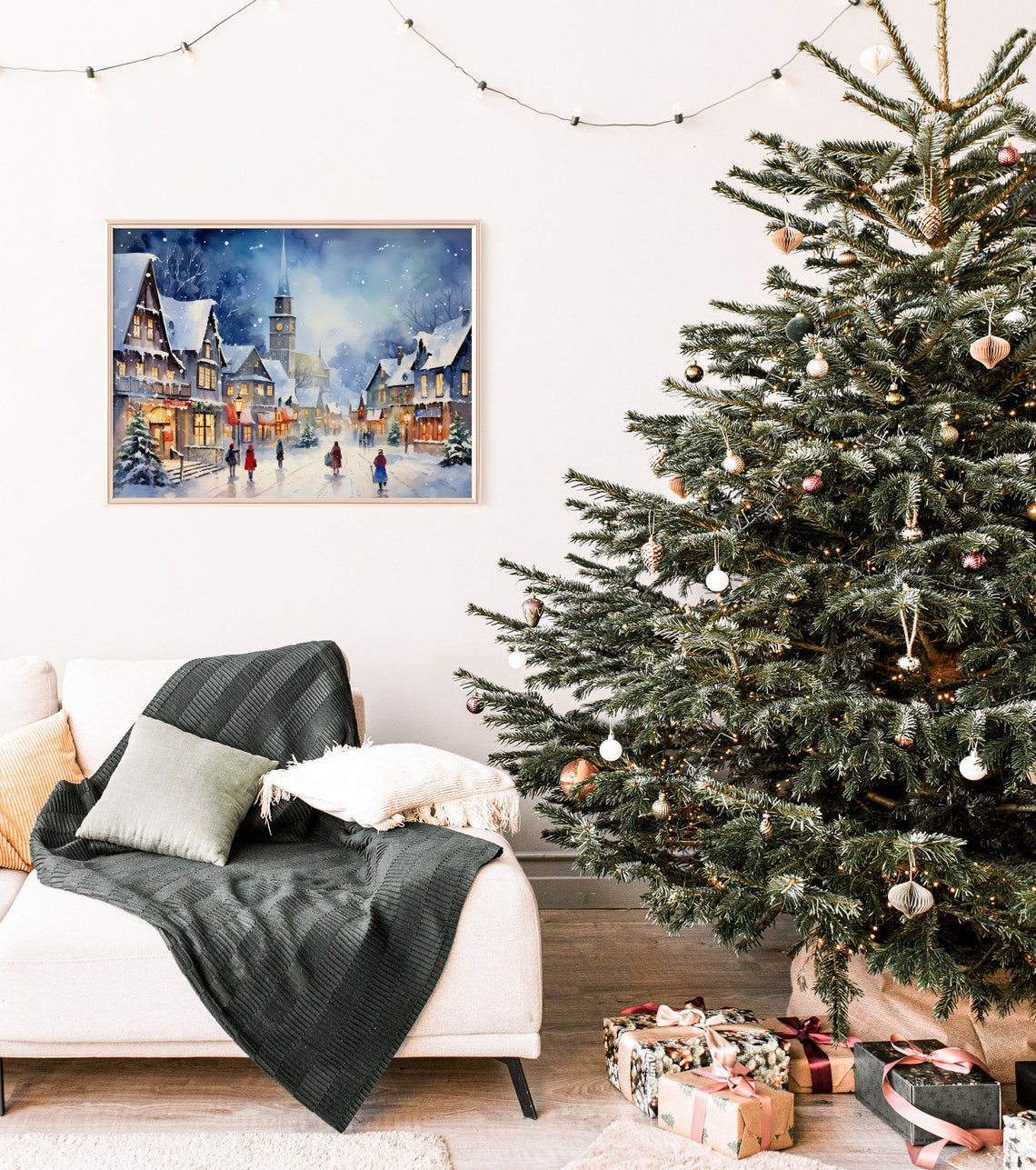 Blue Christmas Village Night Watercolor Snowy Town Art Print - Image 2