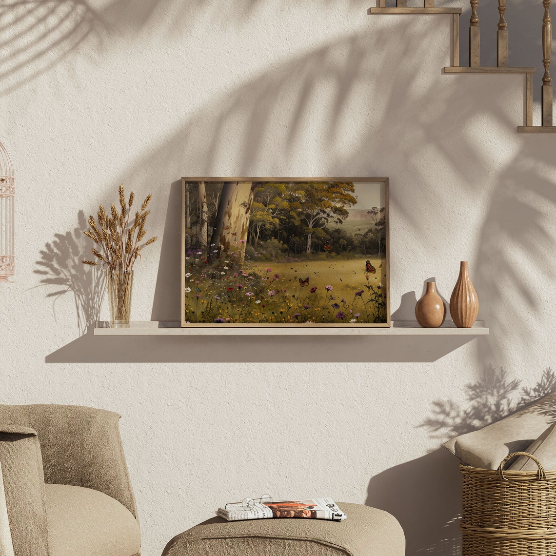 Wildflower Field Butterflies Landscape Oil Painting Vintage Farm House Wall Art Country Field Landscape Al01 - Image 4