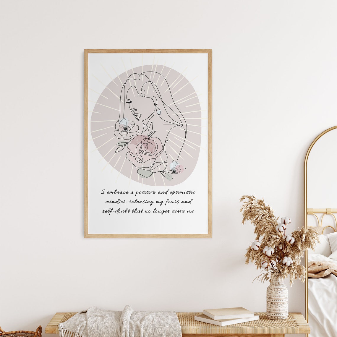 Positive Mindset Affirmation Boho Line Art Woman Floral Poster - Image 8