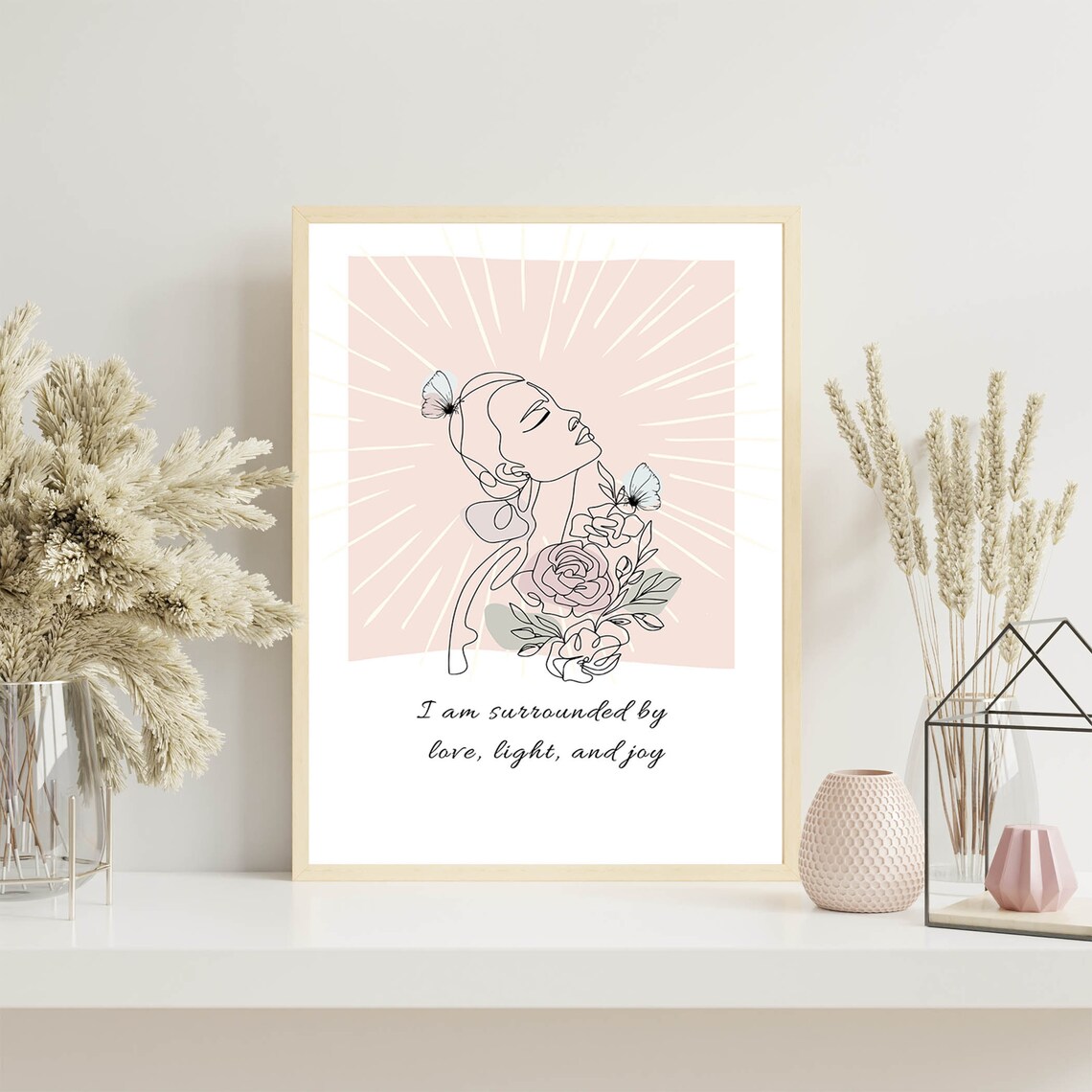 Love Light and Joy Affirmation Boho Line Art Woman Wall Poster - Image 6
