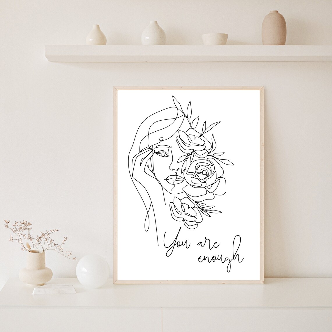 You Are Enough Floral Line Art Woman White Minimalist Poster - Image 3