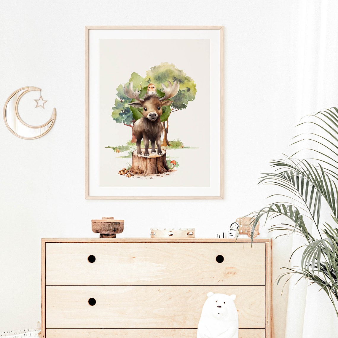 Baby Moose Tree Stump Tiny Owl Watercolor Woodland Nursery Poster - Image 6