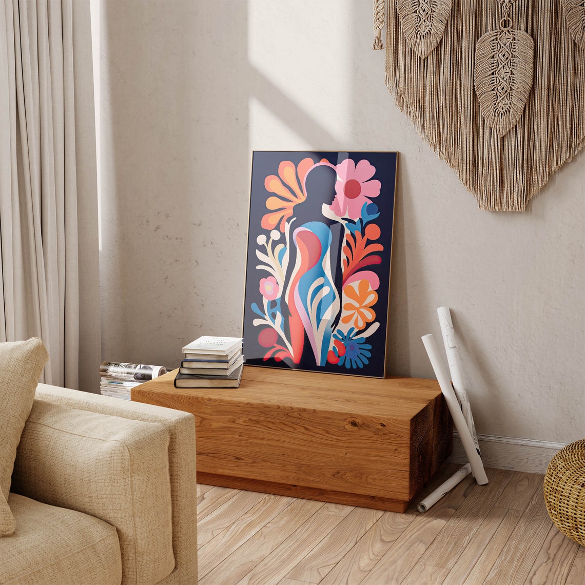 Blue Abstract Female Silhouette with Bold Florals Matisse Style Print - Image 6