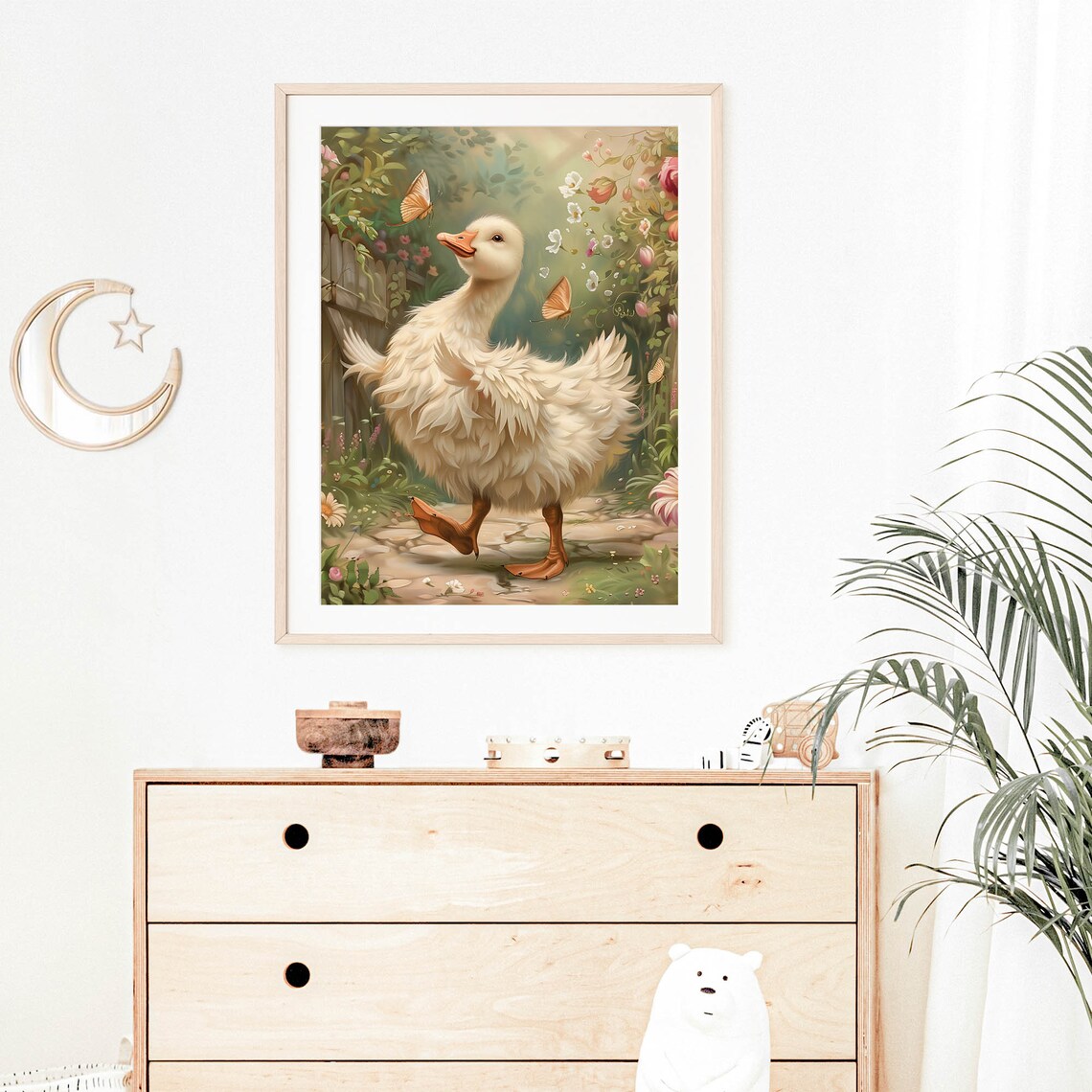 Fluffy White Goose Among Flowers Butterflies Vintage Storybook Poster - Image 3