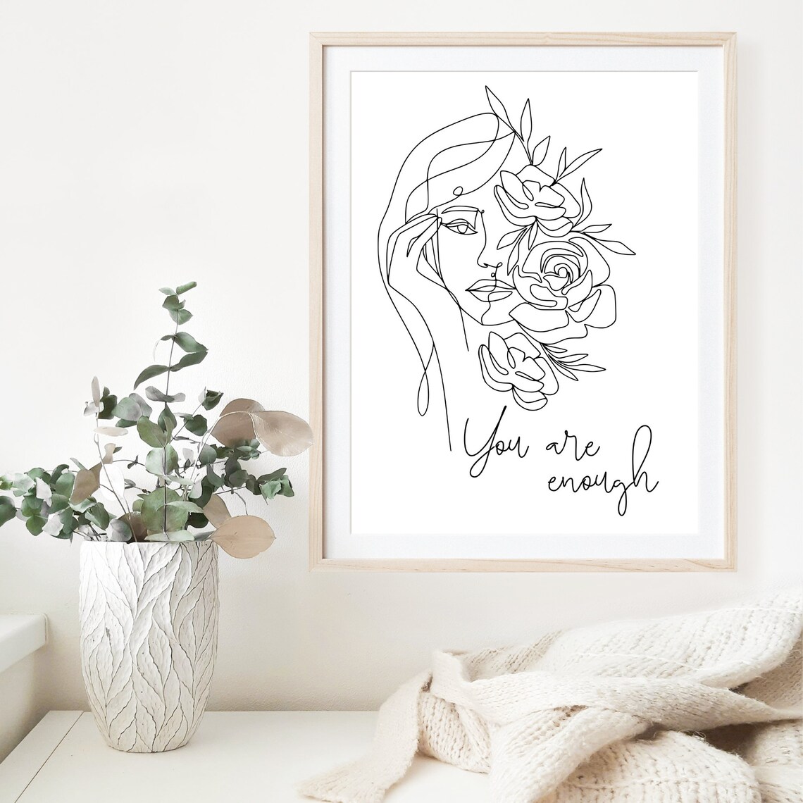 You Are Enough Floral Line Art Woman White Minimalist Poster - Image 6