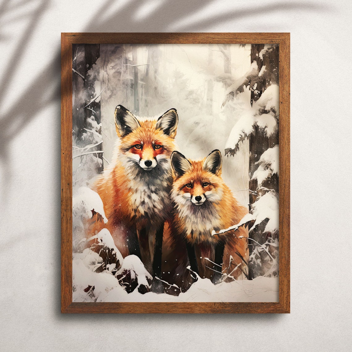 Red Fox Pair Standing in Snowy Winter Forest Wildlife Art Print