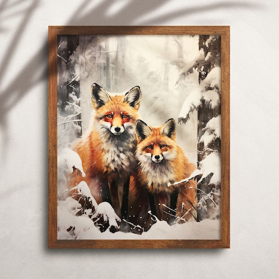 Red Fox Pair Standing in Snowy Winter Forest Wildlife Art Print