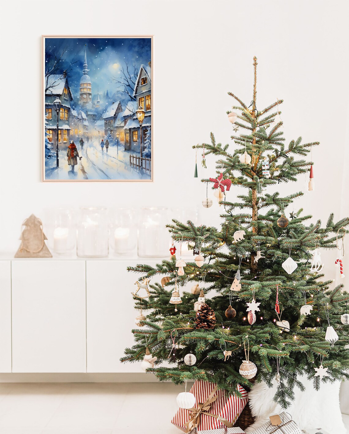 Blue Christmas Town Clock Tower Snowy Night Watercolor Art Print - Image 2