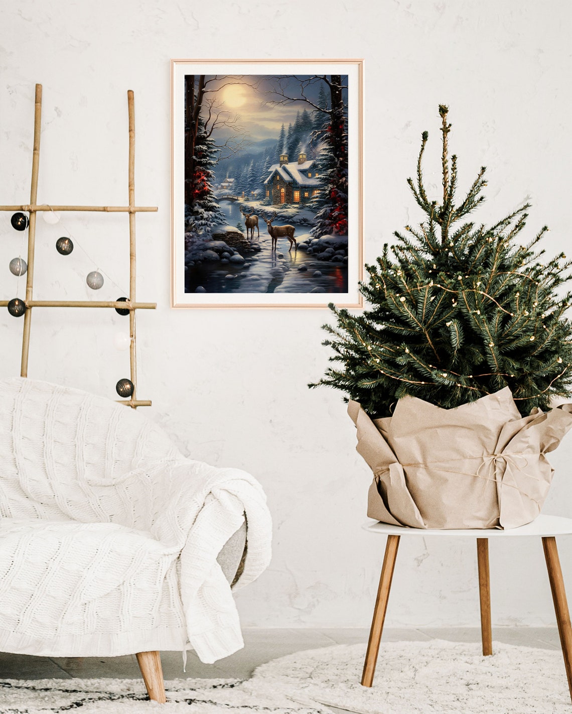 Two Deer Moonlit Stream Cozy Cabin Snowy Forest Night Poster - Image 4