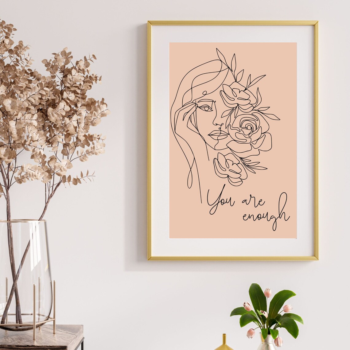 You Are Enough Line Art Woman Peach Floral Minimalist Poster - Image 8