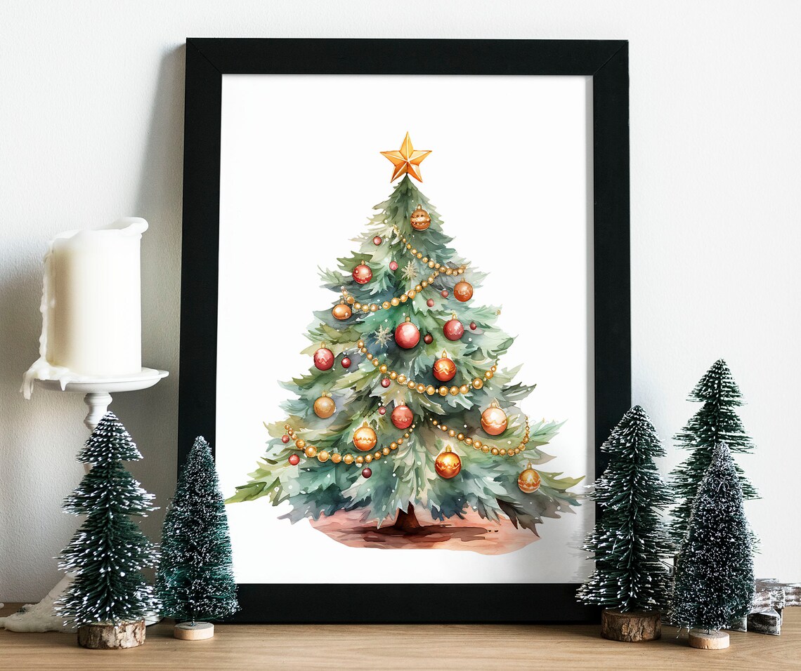 Watercolor Green Christmas Tree Gold Star Ornaments Holiday Poster - Image 5