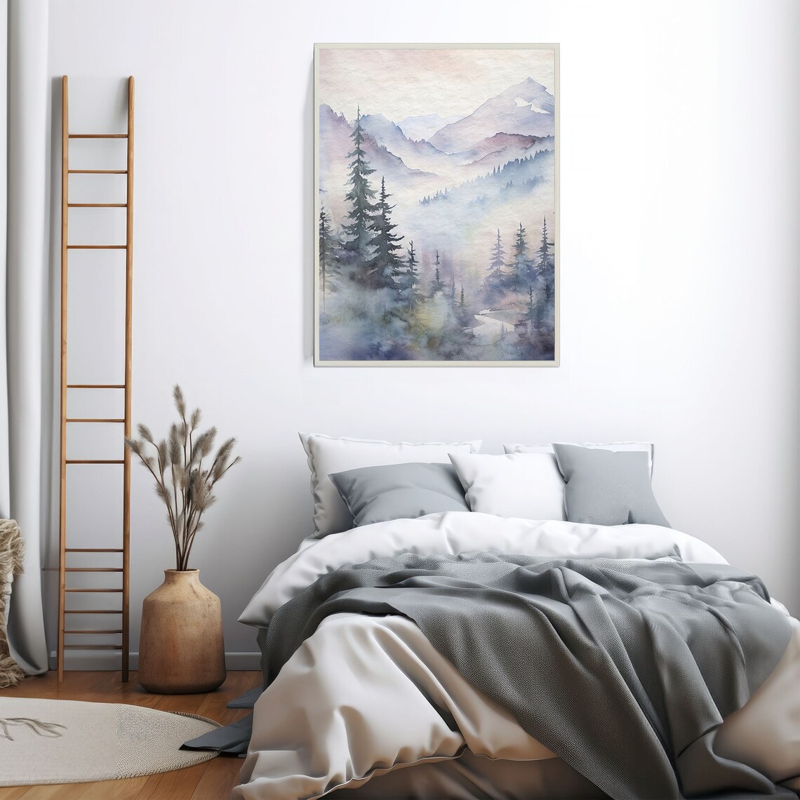 Misty Pine Forest Mountain Foggy Watercolor Landscape Art Print - Image 4